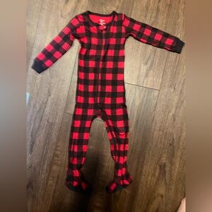 Kid's Footed Red & Black Plaid Cotton Pajamas